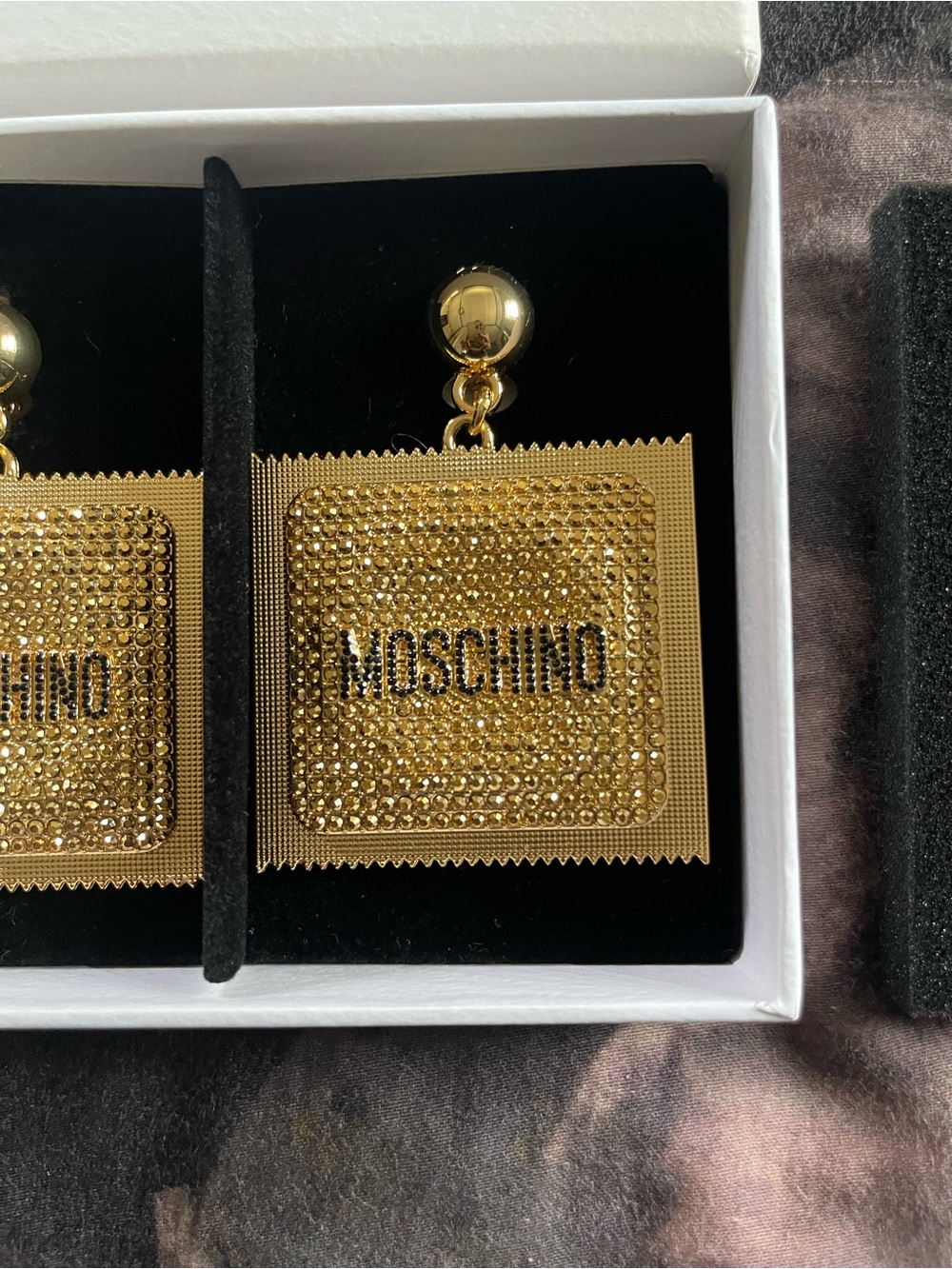 Moschino Gold Crystal Square Logo Drop Earrings - Picture 3 of 6